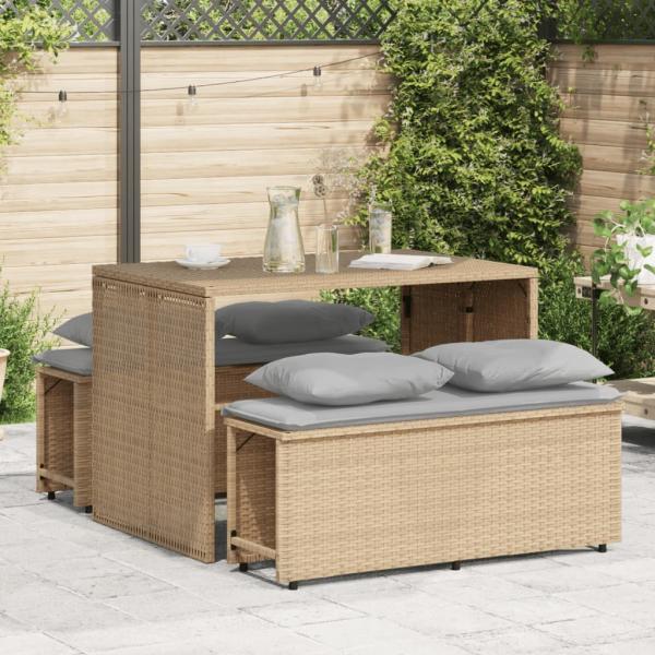 ARDEBO.de - 3-tlg. Garten-Essgruppe mit Kissen Beige Poly Rattan