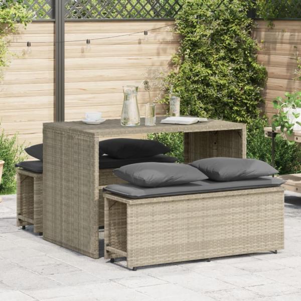 ARDEBO.de - 3-tlg. Garten-Essgruppe mit Kissen Hellgrau Poly Rattan