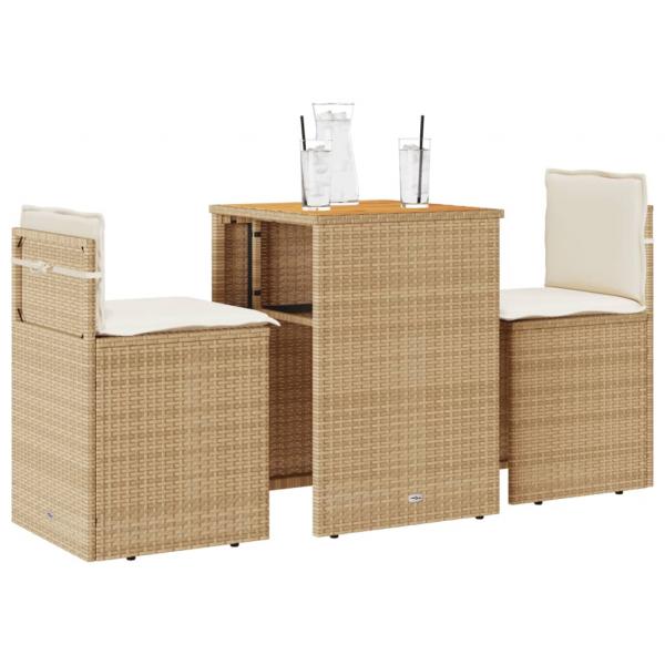 ARDEBO.de - 3-tlg. Bistro-Set mit Kissen Beige Poly Rattan