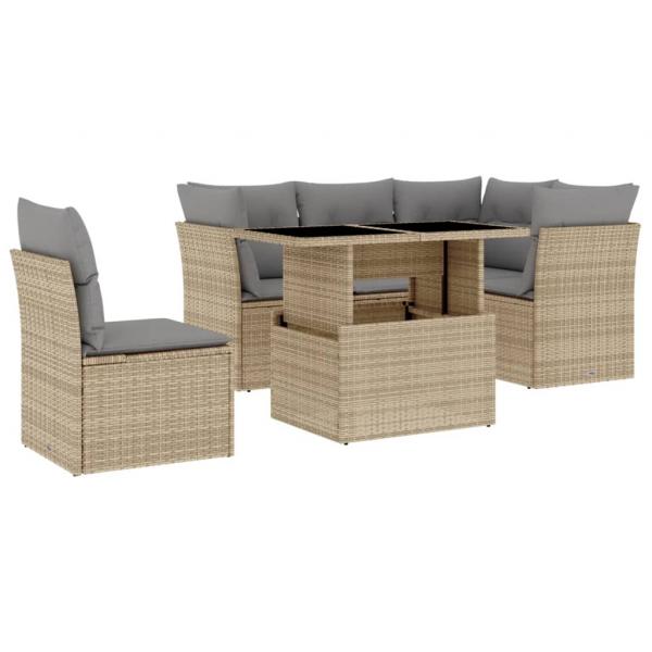 6-tlg. Garten-Sofagarnitur mit Kissen Beige Poly Rattan