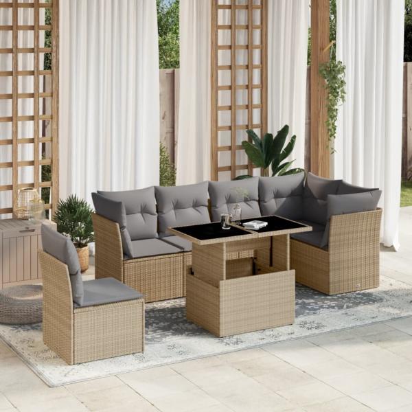 ARDEBO.de - 7-tlg. Garten-Sofagarnitur mit Kissen Beige Poly Rattan