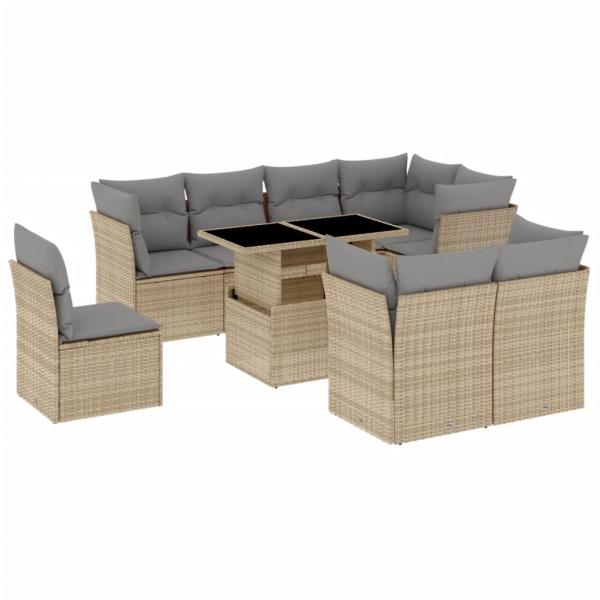 9-tlg. Garten-Sofagarnitur mit Kissen Beige Poly Rattan