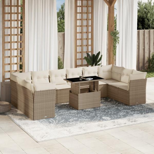 ARDEBO.de - 11-tlg. Garten-Sofagarnitur mit Kissen Beige Poly Rattan