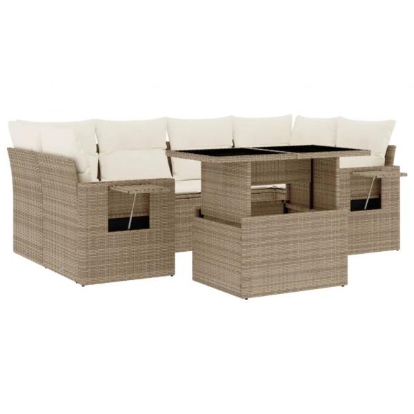 7-tlg. Garten-Sofagarnitur mit Kissen Beige Poly Rattan