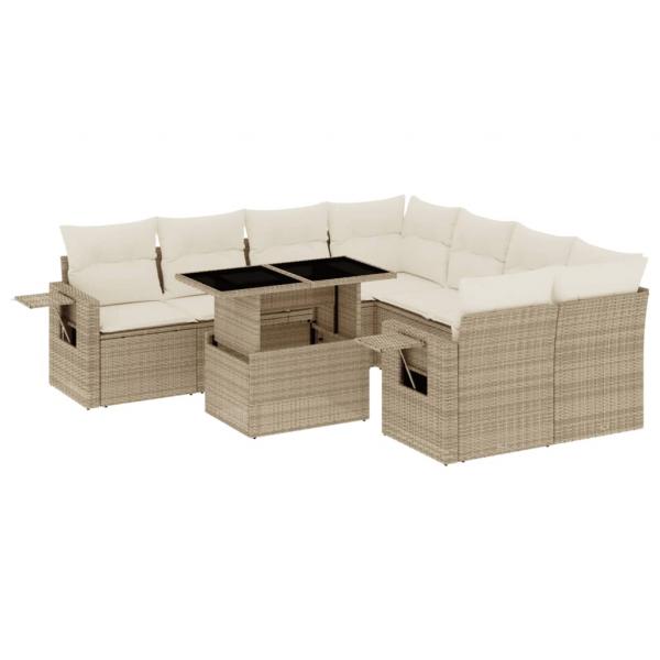 9-tlg. Garten-Sofagarnitur mit Kissen Beige Poly Rattan