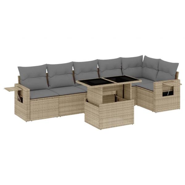 7-tlg. Garten-Sofagarnitur mit Kissen Beige Poly Rattan