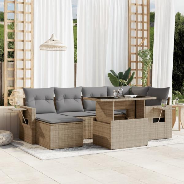 ARDEBO.de - 7-tlg. Garten-Sofagarnitur mit Kissen Beige Poly Rattan