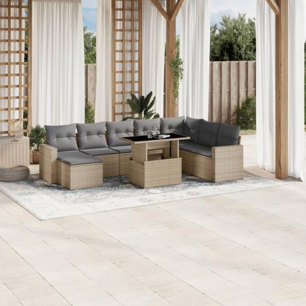 ARDEBO.de - 9-tlg. Garten-Sofagarnitur mit Kissen Beige Poly Rattan