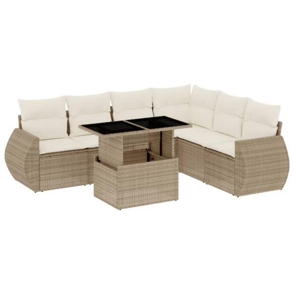 7-tlg. Garten-Sofagarnitur mit Kissen Beige Poly Rattan