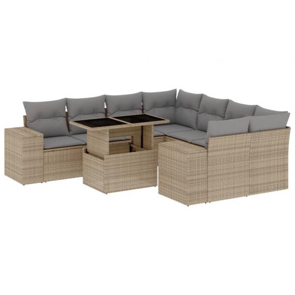 9-tlg. Garten-Sofagarnitur mit Kissen Beige Poly Rattan