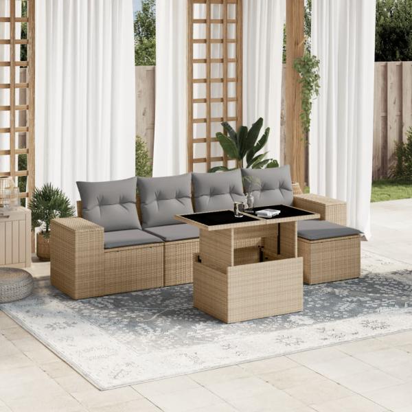 ARDEBO.de - 6-tlg. Garten-Sofagarnitur mit Kissen Beige Poly Rattan