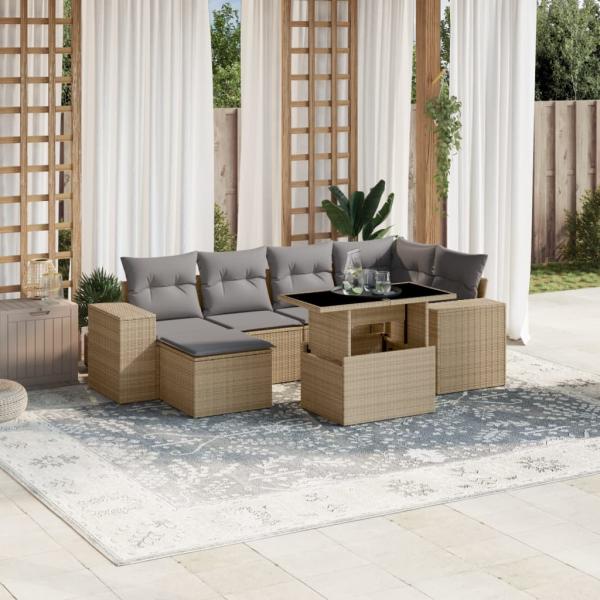 ARDEBO.de - 7-tlg. Garten-Sofagarnitur mit Kissen Beige Poly Rattan