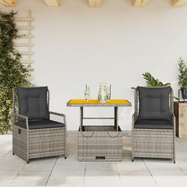 ARDEBO.de - 3-tlg. Garten-Essgruppe mit Kissen Grau Poly Rattan