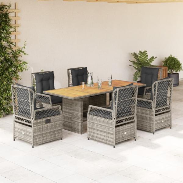 ARDEBO.de - 7-tlg. Garten-Essgruppe mit Kissen Grau Poly Rattan