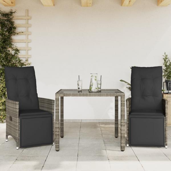 ARDEBO.de - 3-tlg. Garten-Bistro-Set mit Kissen Grau Poly Rattan