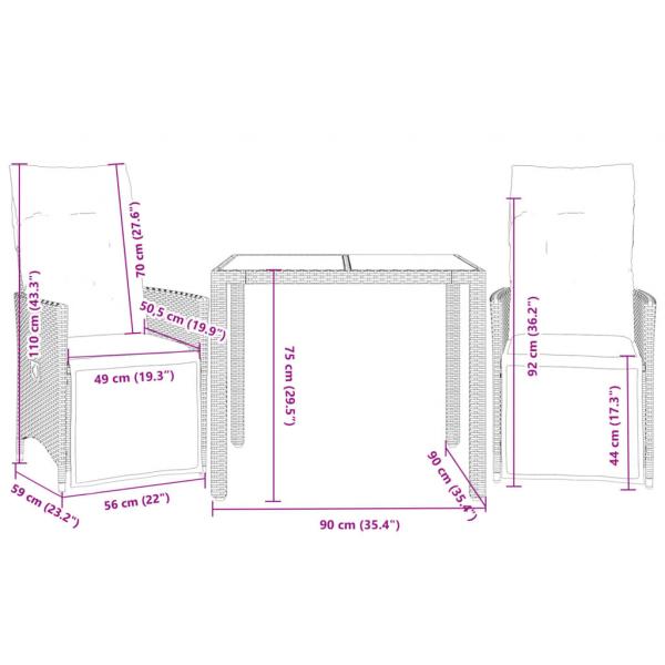 3-tlg. Garten-Bistro-Set mit Kissen Grau Poly Rattan