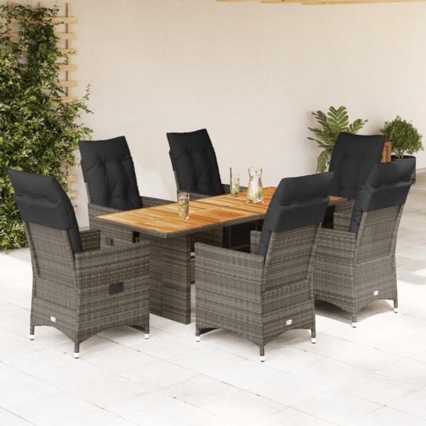 ARDEBO.de - 7-tlg. Garten-Bistro-Set mit Kissen Grau Poly Rattan