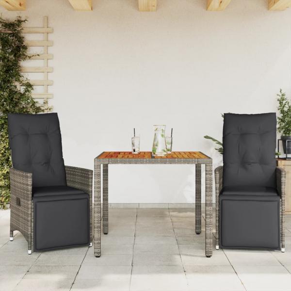 ARDEBO.de - 3-tlg. Garten-Bistro-Set mit Kissen Grau Poly Rattan