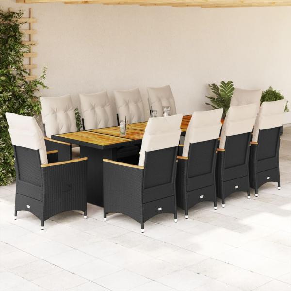 ARDEBO.de - 11-tlg. Garten-Bistro-Set mit Kissen Schwarz Poly Rattan