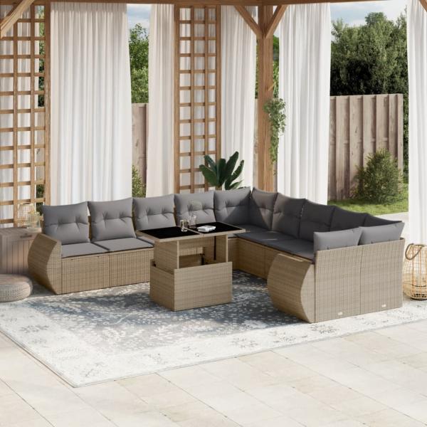 ARDEBO.de - 11-tlg. Garten-Sofagarnitur mit Kissen Beige Poly Rattan