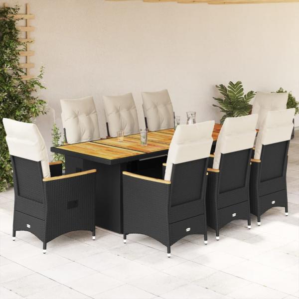 ARDEBO.de - 9-tlg. Garten-Bistro-Set mit Kissen Schwarz Poly Rattan