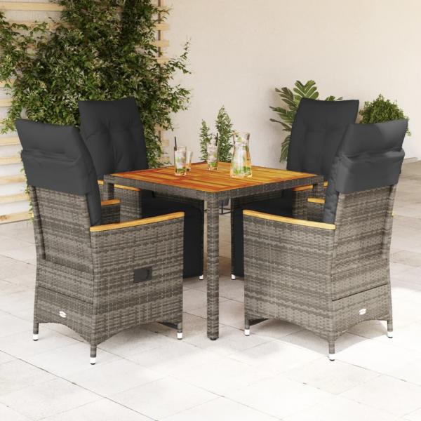 ARDEBO.de - 5-tlg. Garten-Bistro-Set mit Kissen Grau Poly Rattan