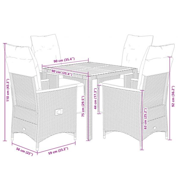 5-tlg. Garten-Bistro-Set mit Kissen Grau Poly Rattan