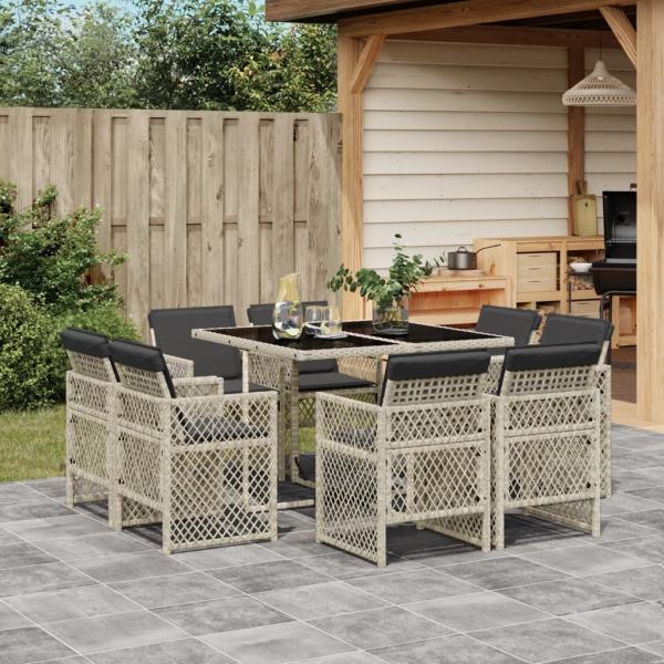 ARDEBO.de - 9-tlg. Garten-Essgruppe mit Kissen Hellgrau Poly Rattan