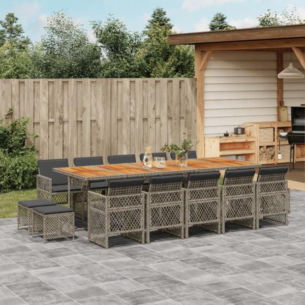 ARDEBO.de - 15-tlg. Garten-Essgruppe mit Kissen Grau Poly Rattan