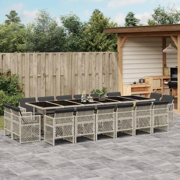 ARDEBO.de - 17-tlg. Garten-Essgruppe mit Kissen Hellgrau Poly Rattan