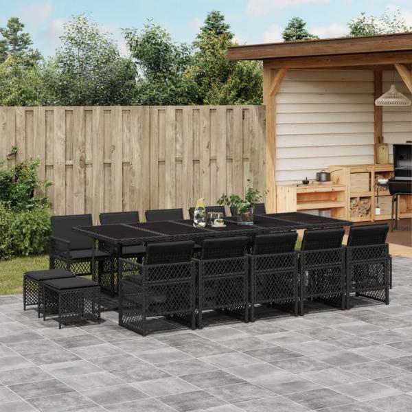 ARDEBO.de - 15-tlg. Garten-Essgruppe mit Kissen Schwarz Poly Rattan