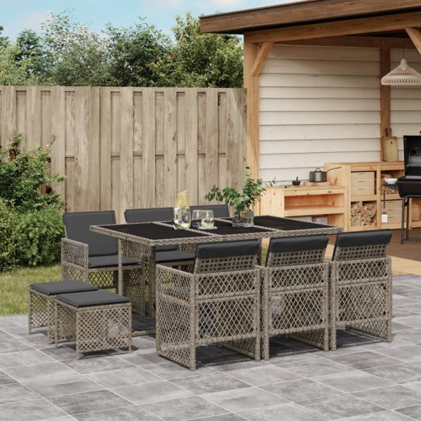 ARDEBO.de - 11-tlg. Garten-Essgruppe mit Kissen Grau Poly Rattan