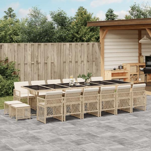 ARDEBO.de - 17-tlg. Garten-Essgruppe mit Kissen Beige Poly Rattan