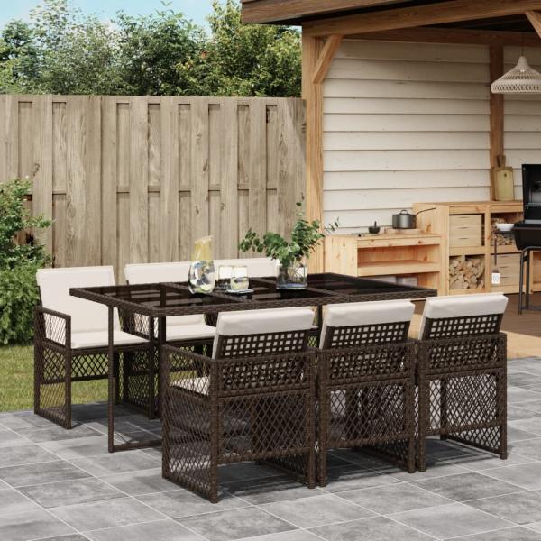 ARDEBO.de - 7-tlg. Garten-Essgruppe mit Kissen Braun Poly Rattan