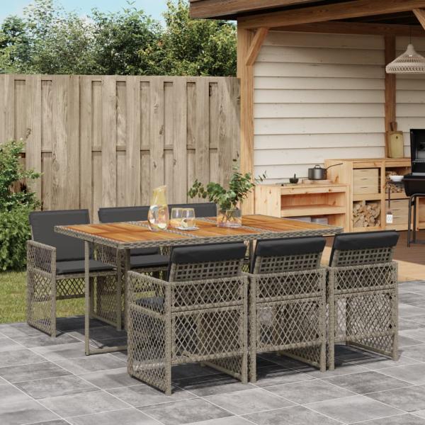 ARDEBO.de - 7-tlg. Garten-Essgruppe mit Kissen Grau Poly Rattan