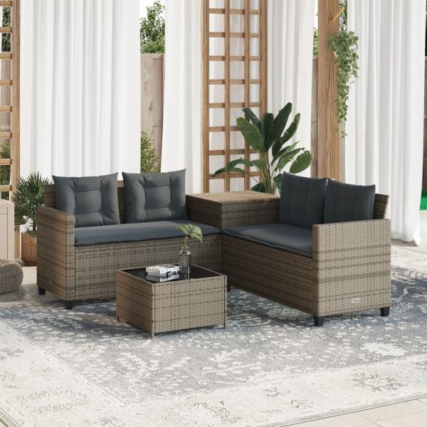 ARDEBO.de - Gartensofa in L-Form mit Tisch und Kissen Grau Poly Rattan