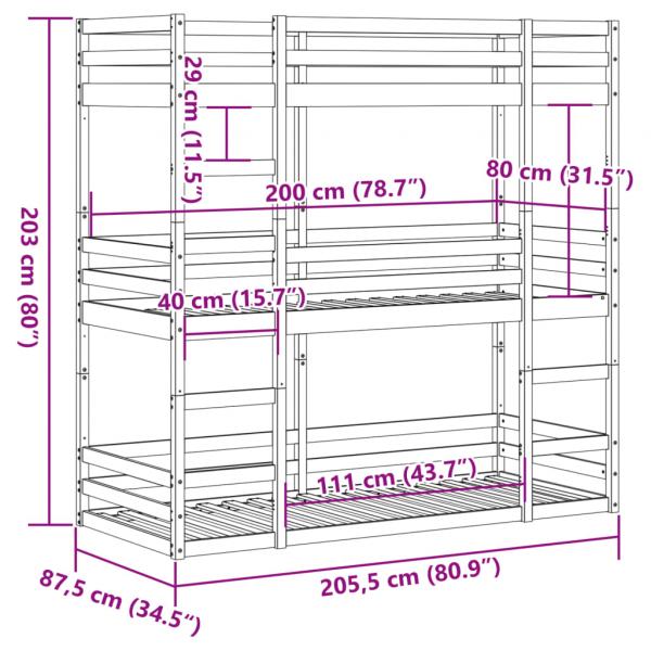 Dreifach-Etagenbett Wachsbraun 80x200 cm Massivholz Kiefer