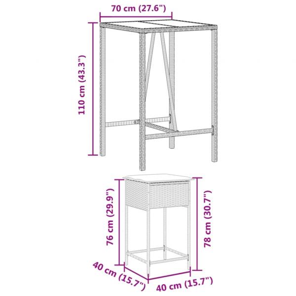 3-tlg. Gartenbar-Set mit Kissen Schwarz Poly Rattan