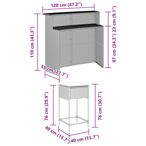 3-tlg. Gartenbar-Set mit Kissen Grau Poly Rattan