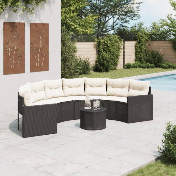 ARDEBO.de - Gartensofa mit Tisch und Kissen Halbrund Schwarz Poly-Rattan