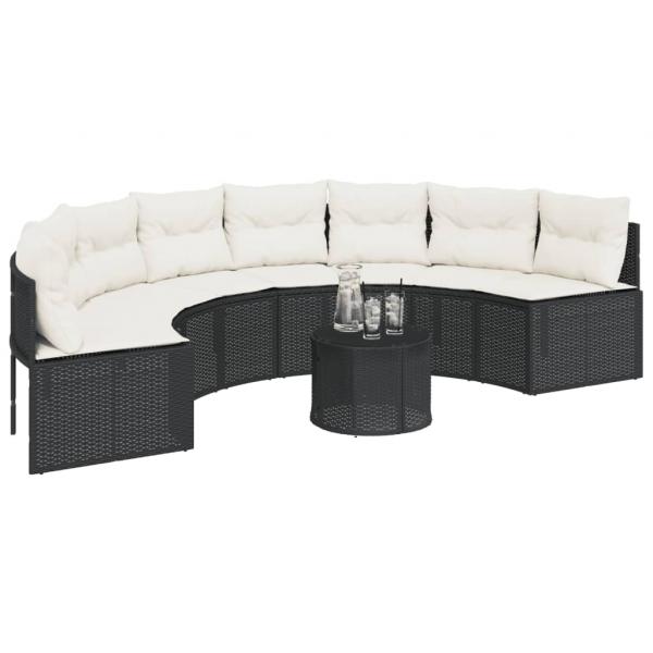 Gartensofa mit Kissen Halbrund Schwarz Poly-Rattan