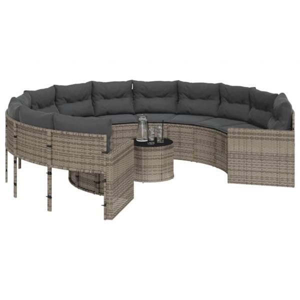 Gartensofa mit Tisch und Kissen Rund Grau Poly Rattan