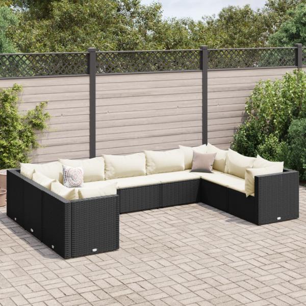 ARDEBO.de - 9-tlg. Garten-Lounge-Set mit Kissen Schwarz Poly Rattan