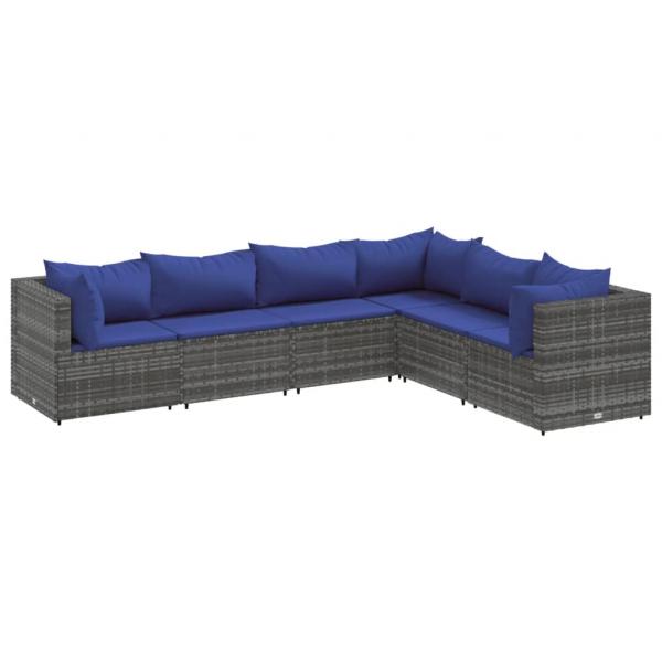 6-tlg. Garten-Lounge-Set mit Kissen Grau Poly Rattan