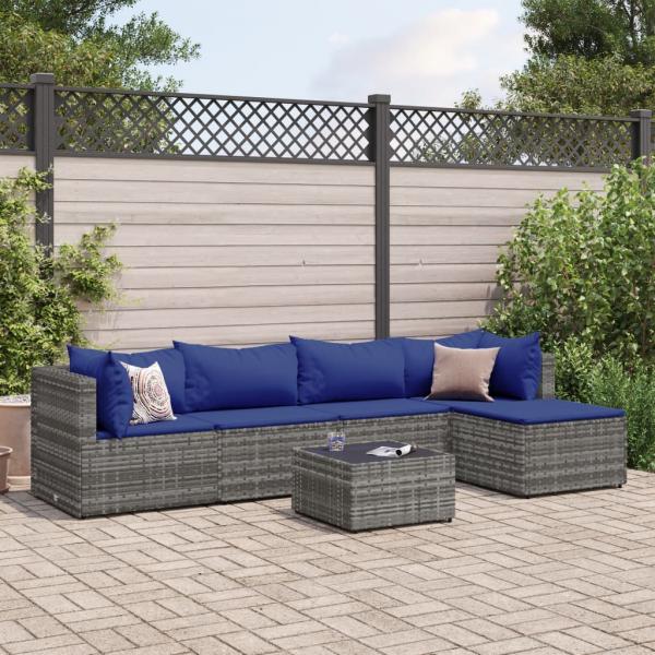 ARDEBO.de - 6-tlg. Garten-Lounge-Set mit Kissen Grau Poly Rattan