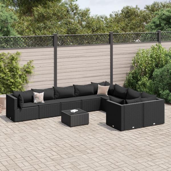 ARDEBO.de - 10-tlg. Garten-Sofagarnitur mit Kissen Schwarz Poly Rattan