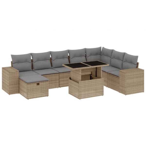 9-tlg. Garten-Sofagarnitur mit Kissen Beige Poly Rattan