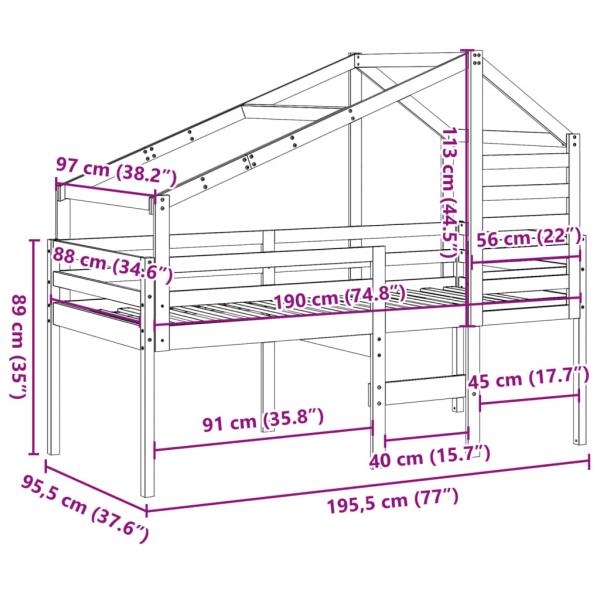 Hochbett mit Dach Wachsbraun 90x190 cm Massivholz Kiefer