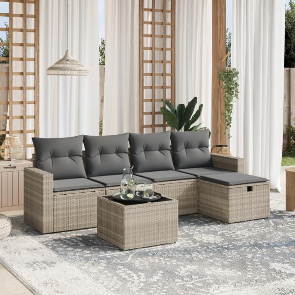 ARDEBO.de - 6-tlg. Garten-Sofagarnitur mit Kissen Hellgrau Poly Rattan