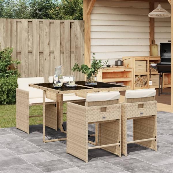 ARDEBO.de - 5-tlg. Garten-Essgruppe mit Kissen Beige Poly Rattan